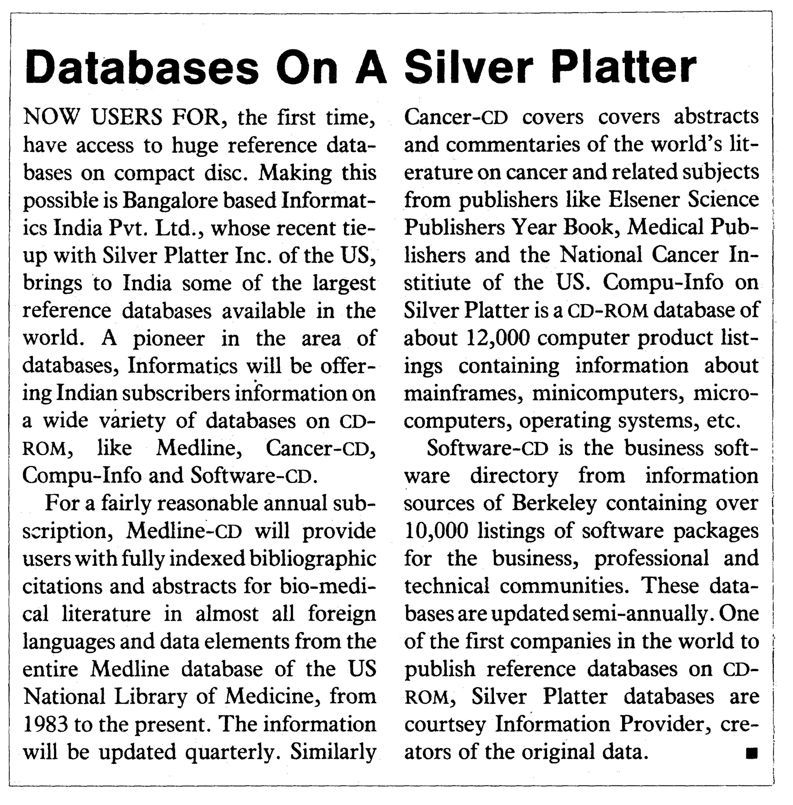 Databases On A Silver Platter Computers Today September 1988 Databases On A Silver Platter Computers Today September 1988