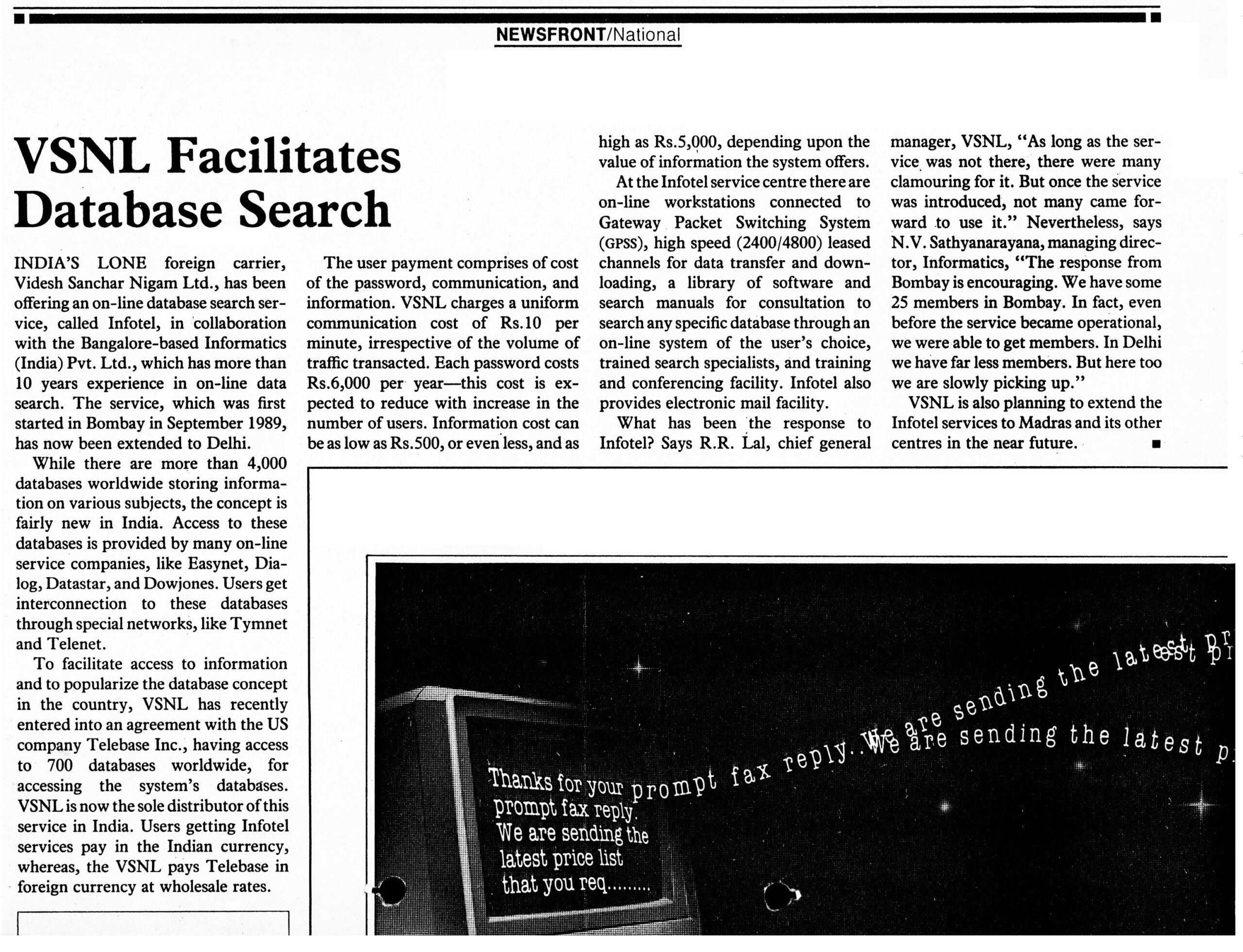 VSNL Facilitates Database Search Computer Today February 1990 VSNL Facilitates Database Search Computer Today February 1990
