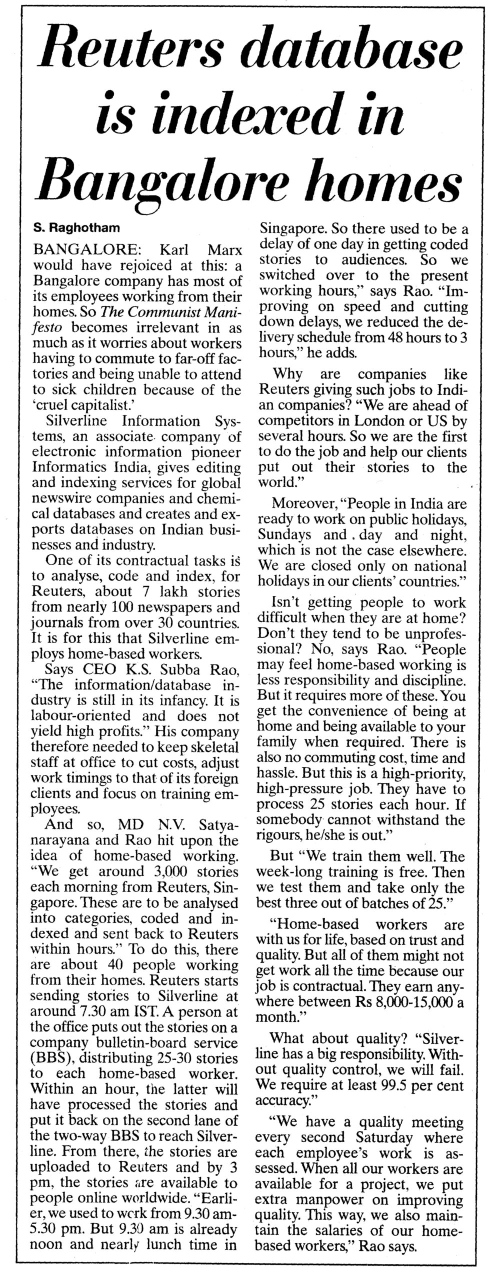 Reuters Database Is Indexed In Bangalore Homes 20th December 1999 Reuters Database Is Indexed In Bangalore Homes 20th December 1999